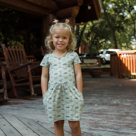 Youth Moxie Dress - Flying Ducks - Green Fl