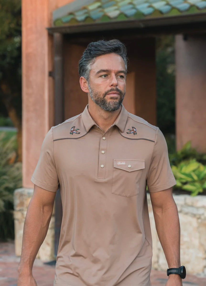 Khaki Pearl Snap Mallards Performance Polo Burlebo