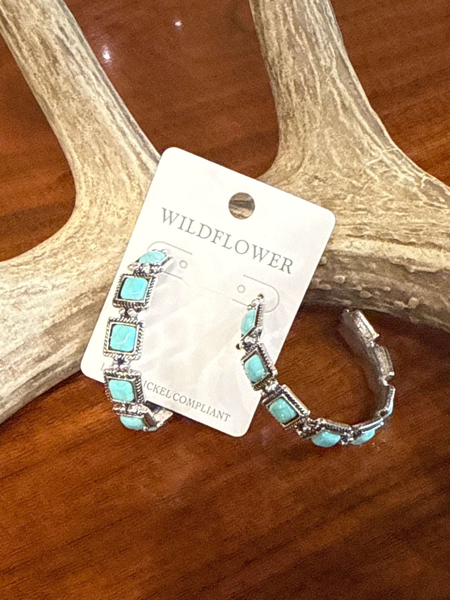 Square Turquoise Stone Wildflower Hoop Earrings