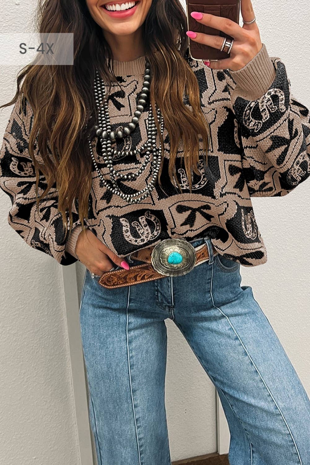 Bows & Horseshoes Pattern Western Sweater Black/ Tan 66