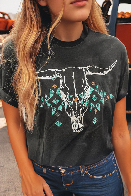 Vintage Western Bull Head Skull Turquoise Graphic T Shirt: fashionw