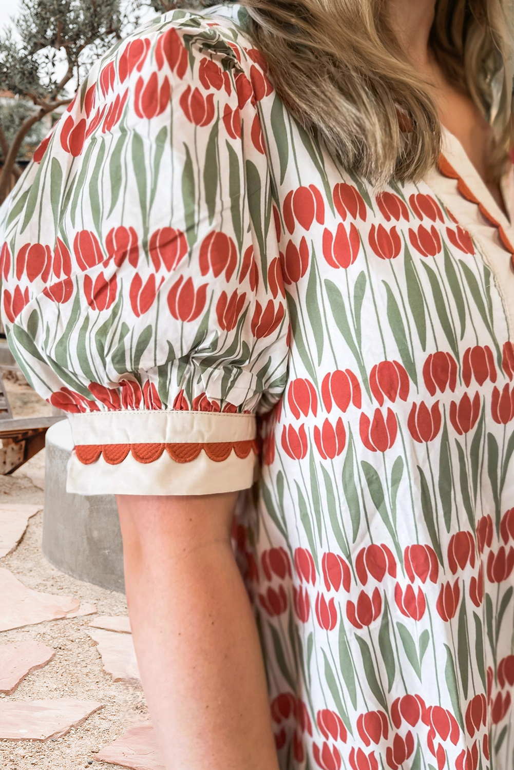 Tulip Floral Print Cotton Puff Sleeve Mini Dress