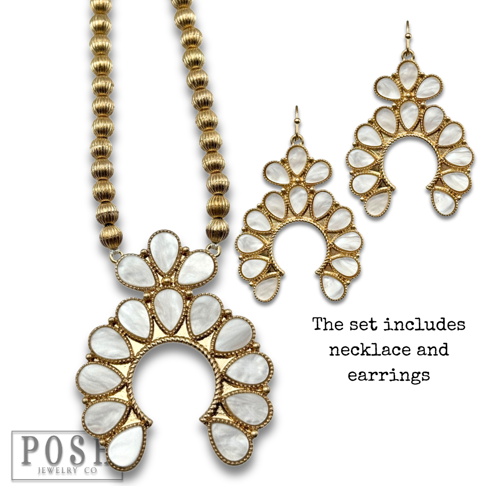 Mother of pearl look squash blossom necklace set: White