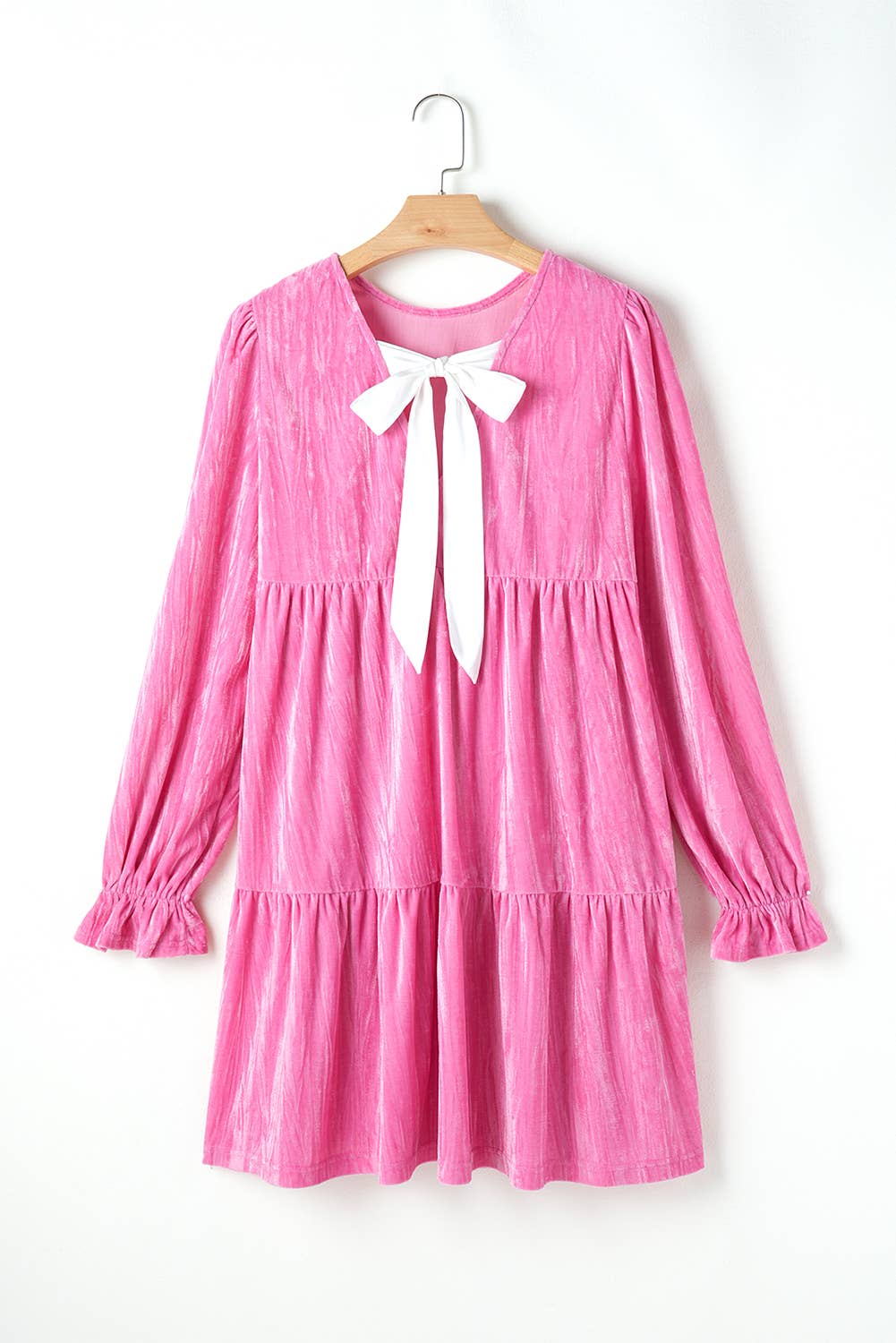 Pink Flounce Sleeve Tiered Ruffled Velvet Mini Dress 66