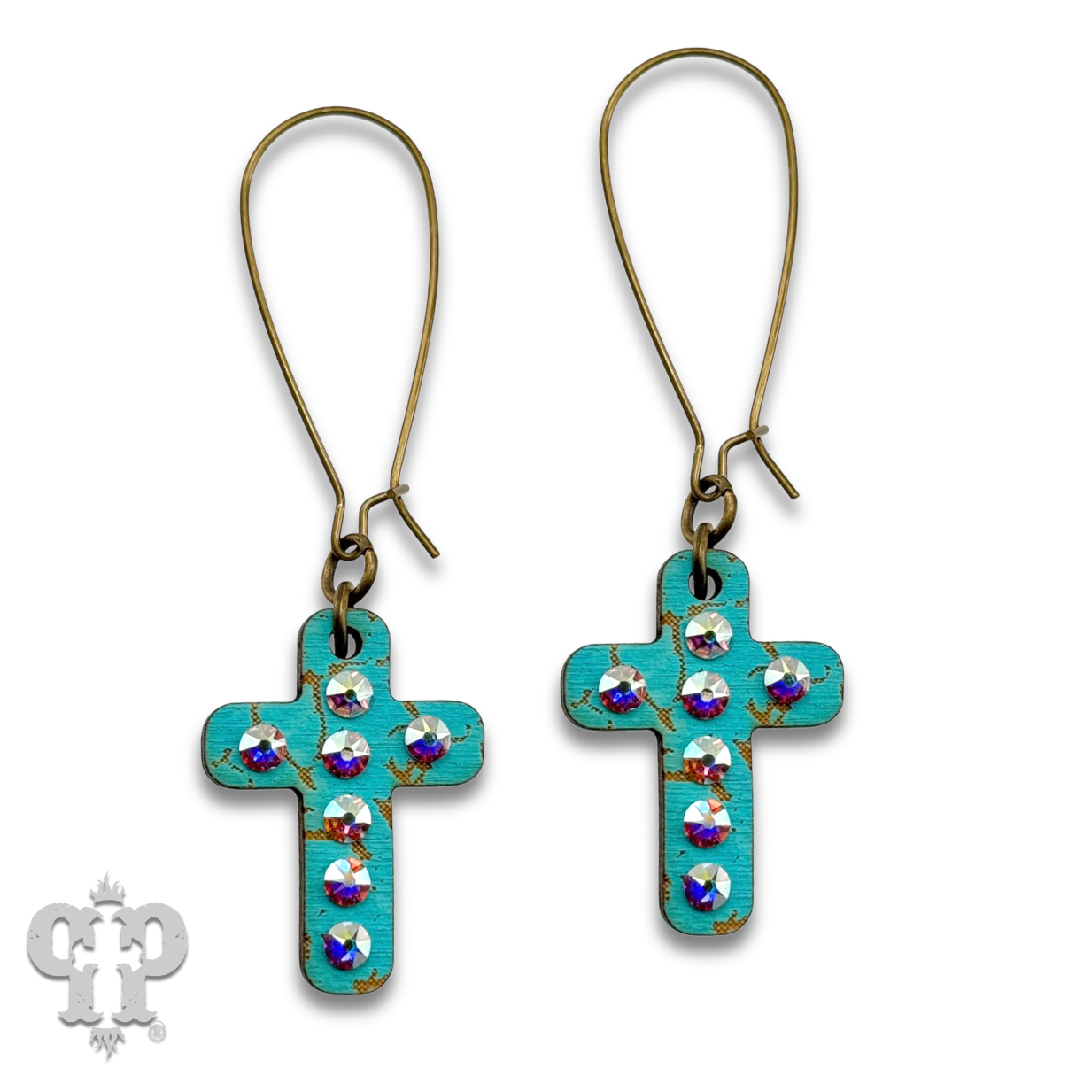 Mini wood cross earring with Austrian crystals: Pink