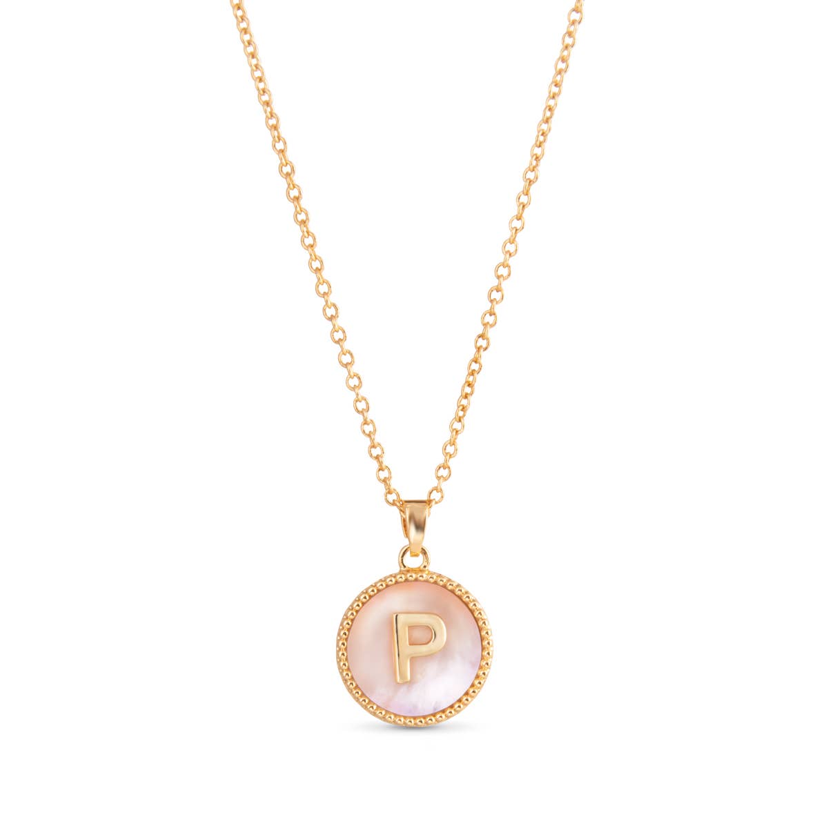 Gold Mother of Pearl Initial Necklaces | 18 Letters: M