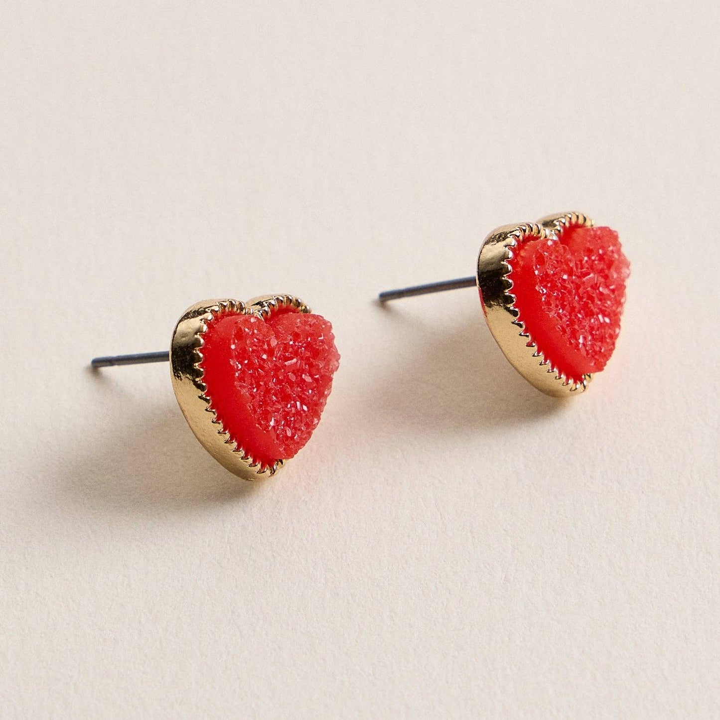 Elegant Gold-Trimmed Druzy Heart Stud Earrings: White/ Red / or Iridescent Shimmer Frem