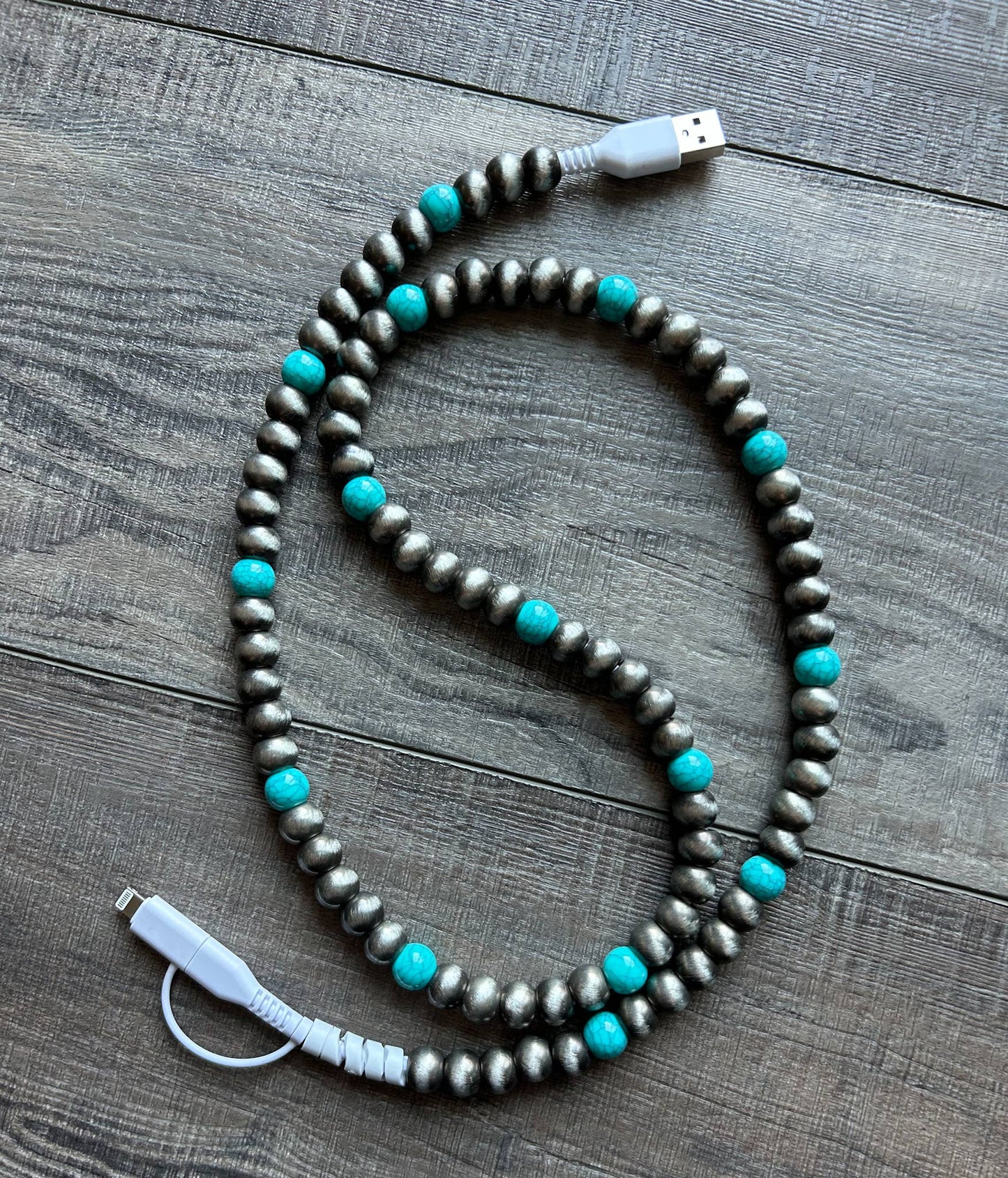Turquoise Beaded Phone Charger with Lightning & USB-C  JInk Tx/ Fl