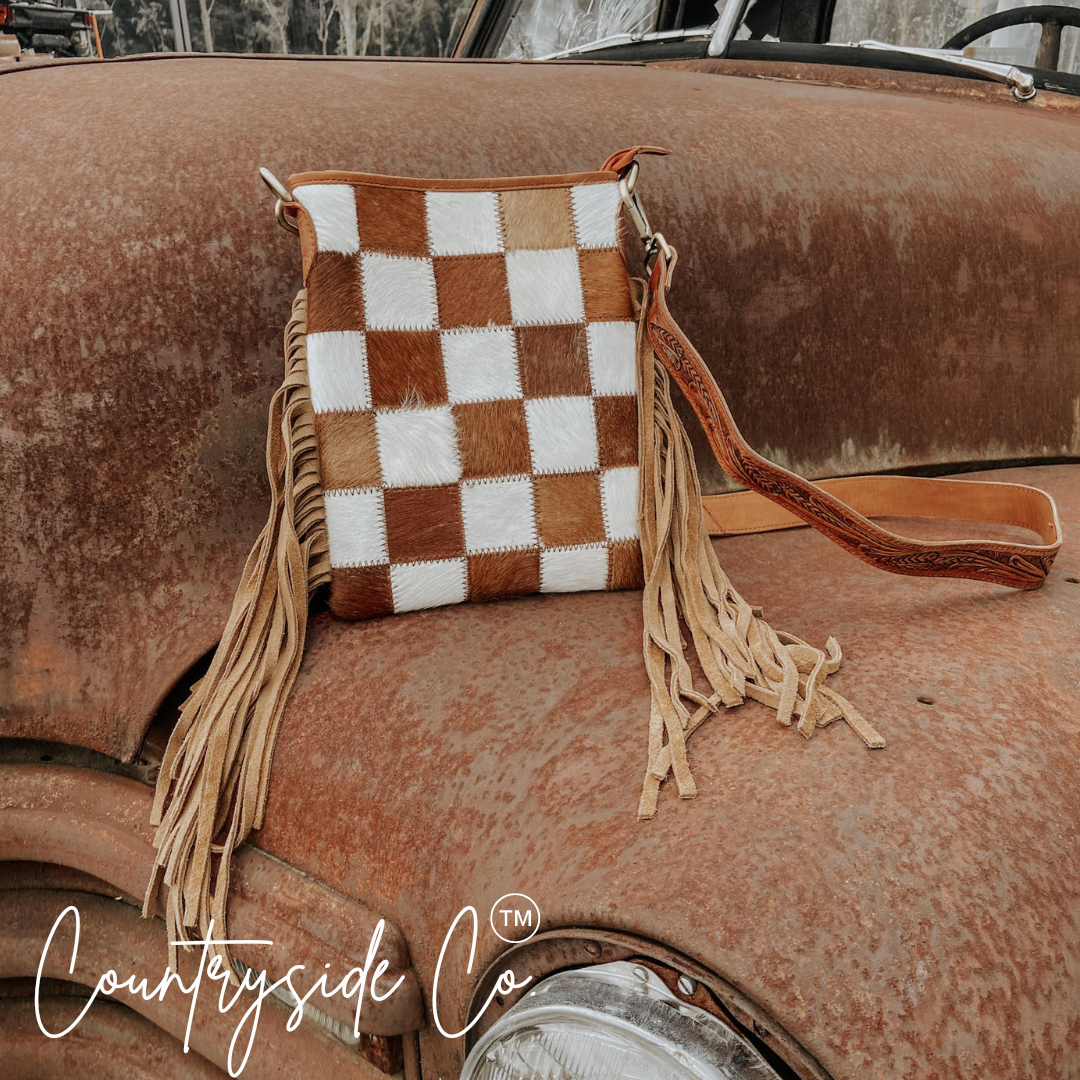 Stockdale Checkered Cowhide Fringe Purse, Brown & White Texas Western Cowhide