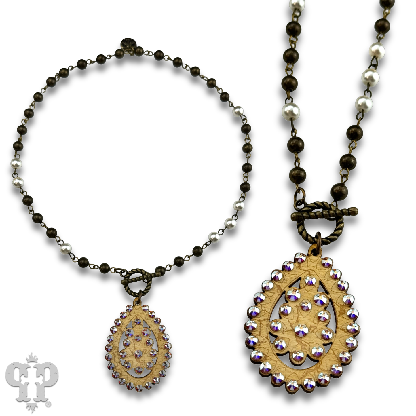 Toggle necklace with Austrian crystal Santa Fe teardrop pendant: Gold PP
