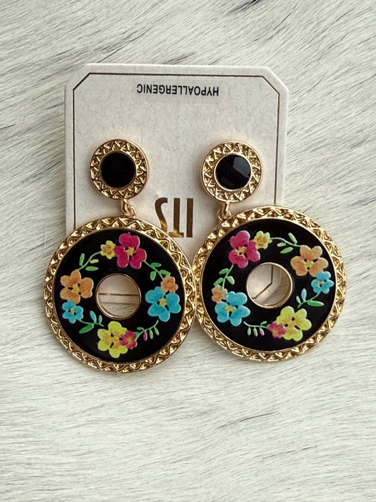 Black And Gold Floral Earrings Round or Rectangle ITS