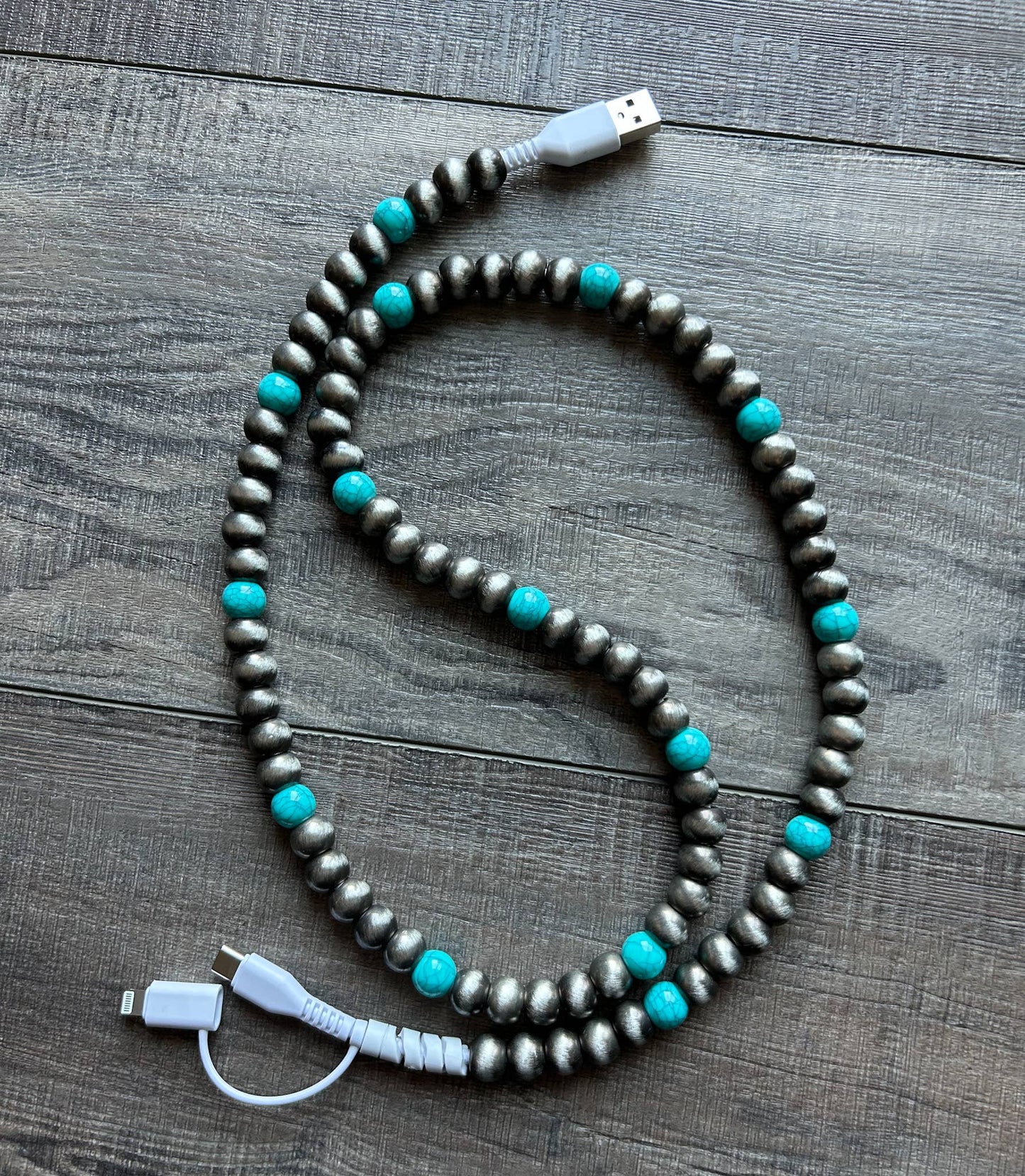 Turquoise Beaded Phone Charger with Lightning & USB-C  JInk Tx/ Fl