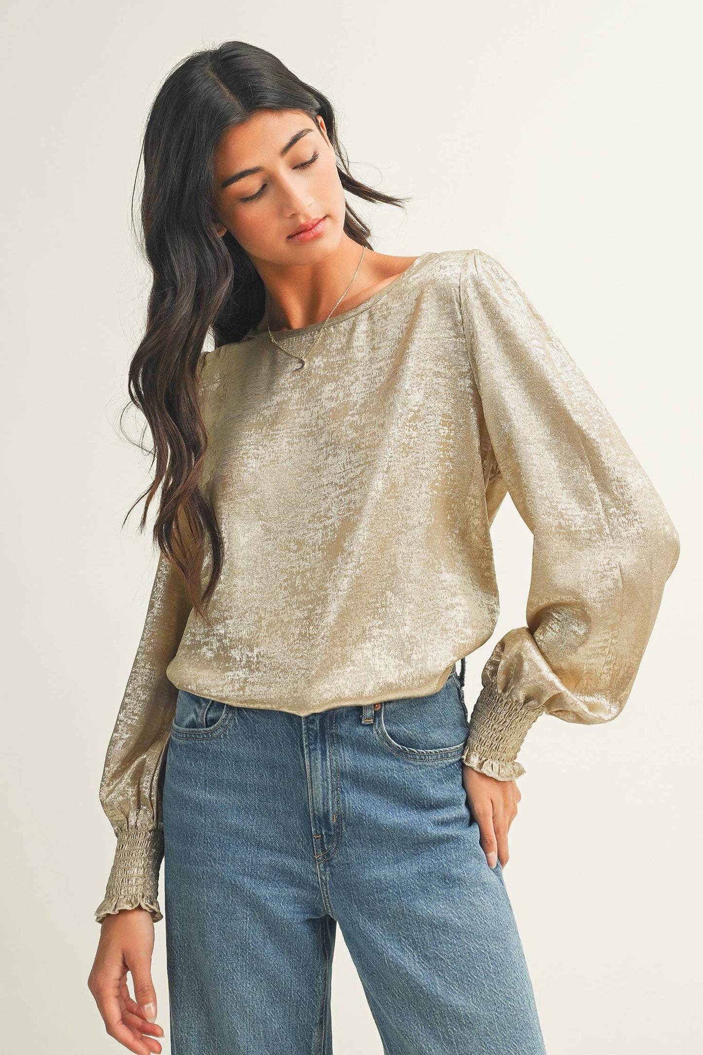 Metallic Round Neck Smocked Long Sleeve Blouse｜LDC