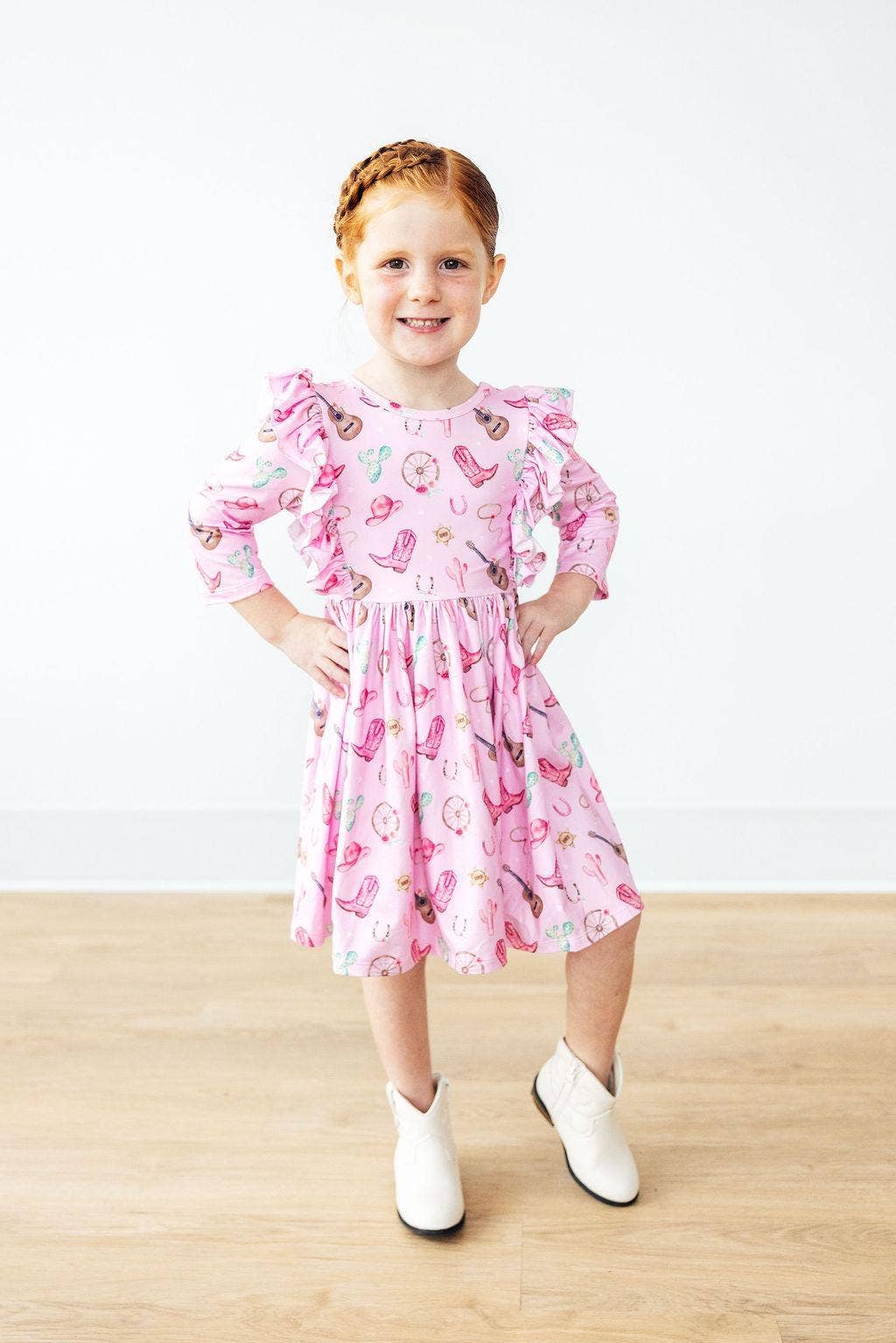 Boot Scootin' 3/4 Sleeve Ruffle Twirl Dress: Mila
