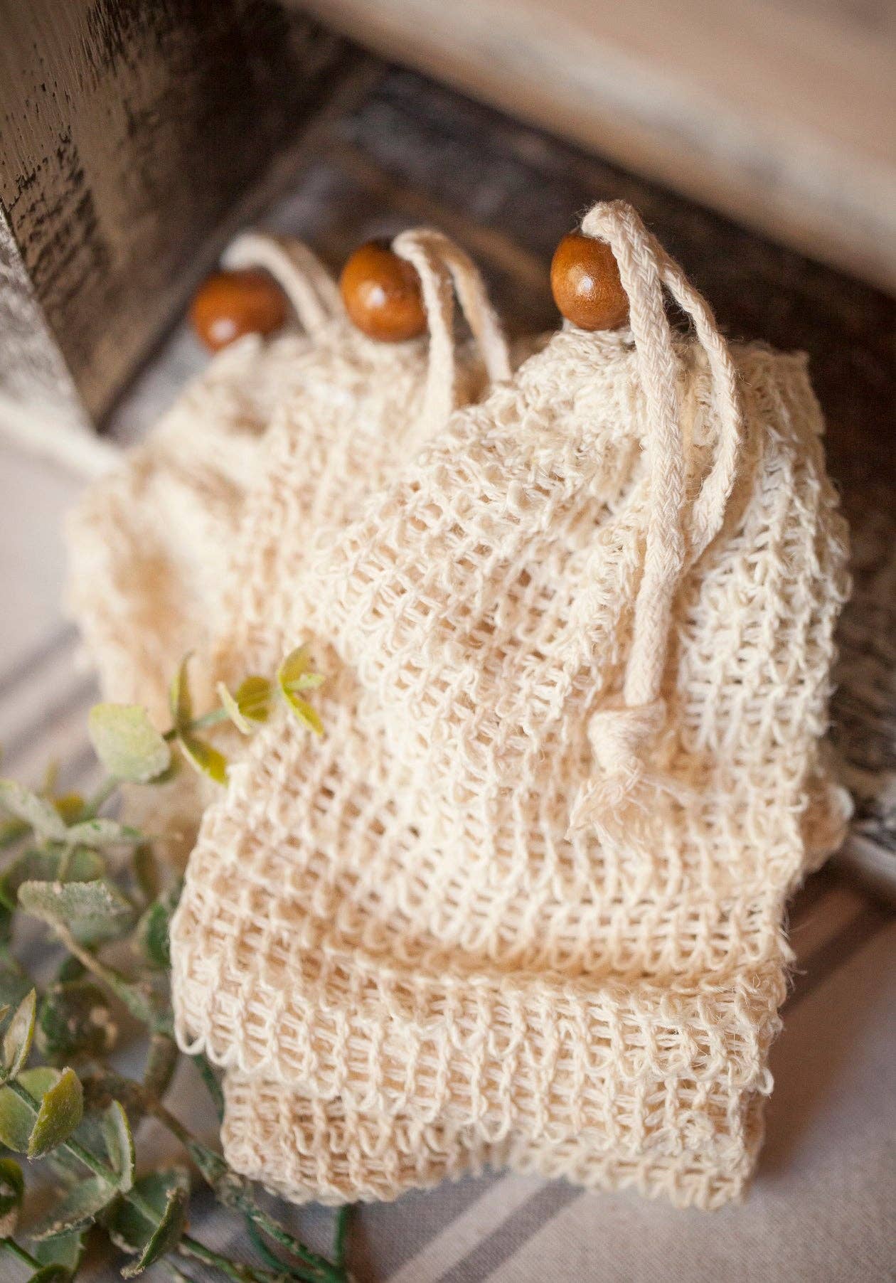 Drawstring Soap Bag, Natural Sisal, Wooden Bead Faith Fl