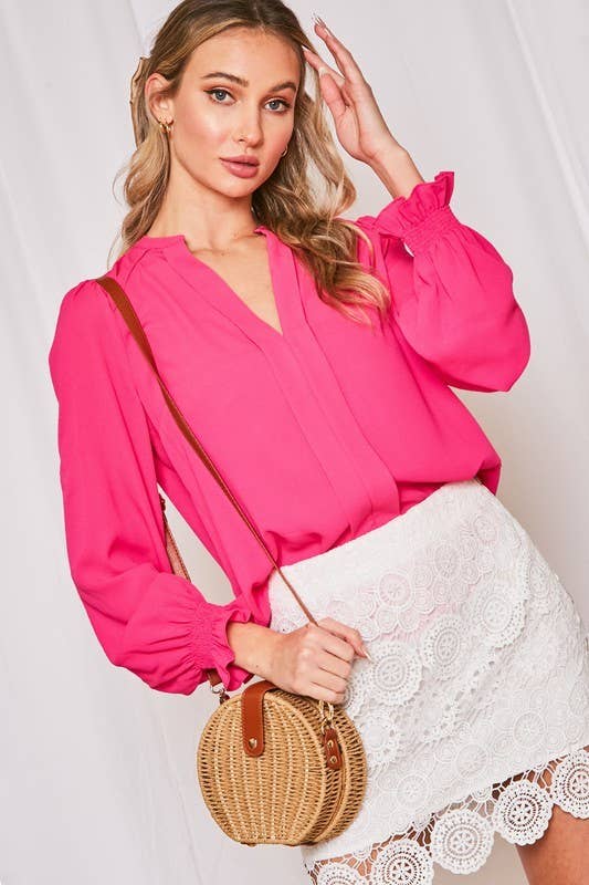 Black Henley Neck Balloon Sleeve On Smocked Blouse Top VL