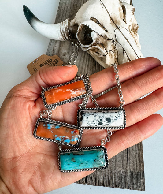 Western Semi Stone Bar Necklace: ORANGE\ TURQUOISE, Turquoise Brown, or Turquoise