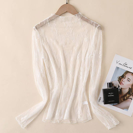 Semi Sheer Mesh Floral Lace Layering See Through Top: White Rosa