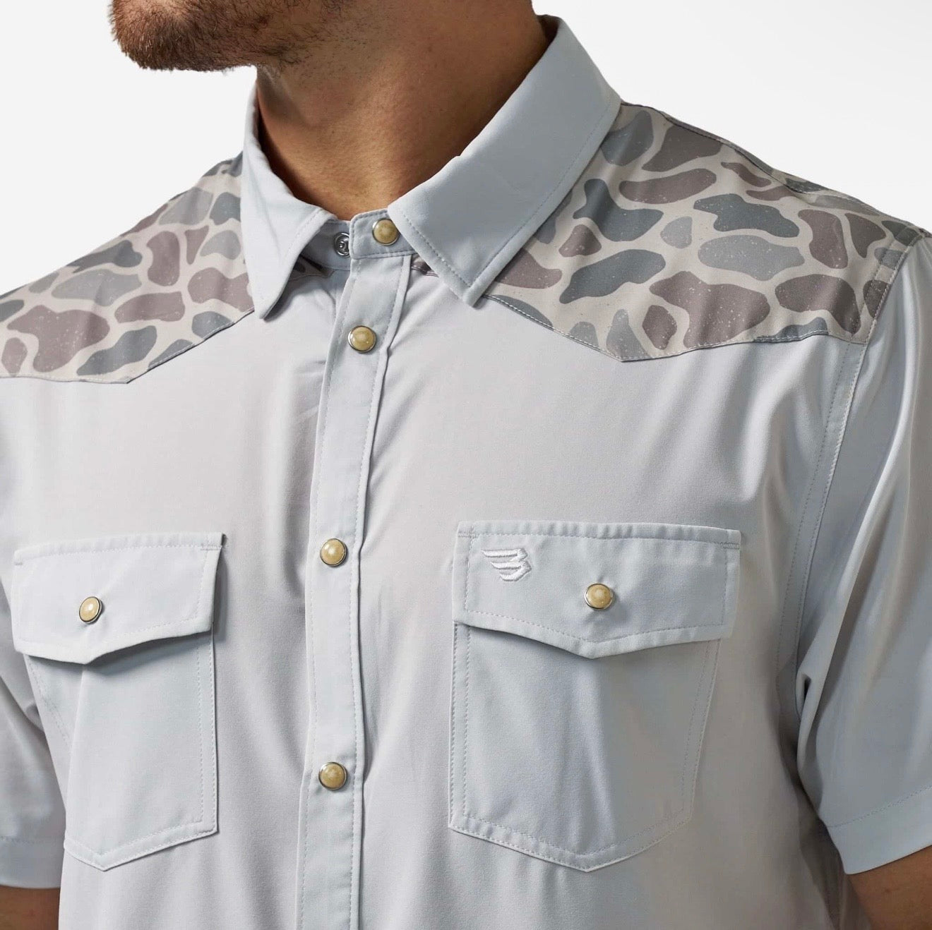 Bird SZN Burlebo Light Grey/ Classic Deer Camo Performance Western Shirt with Pear Snaps Tx/Fl PWS-BRDSZN