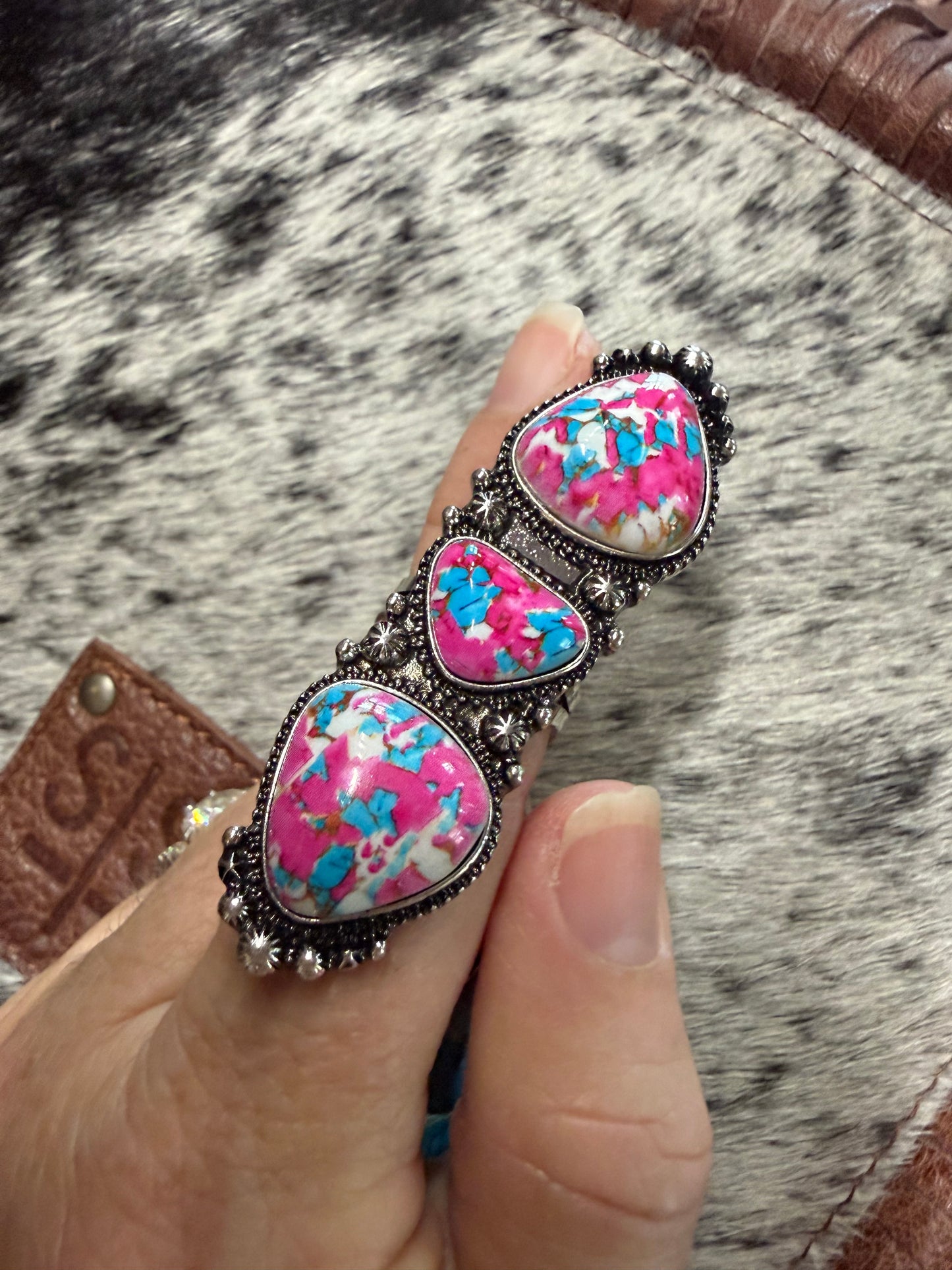 Triple Stone Western Adjustable Ring Hippie Turquoise or Pink and Turquoise