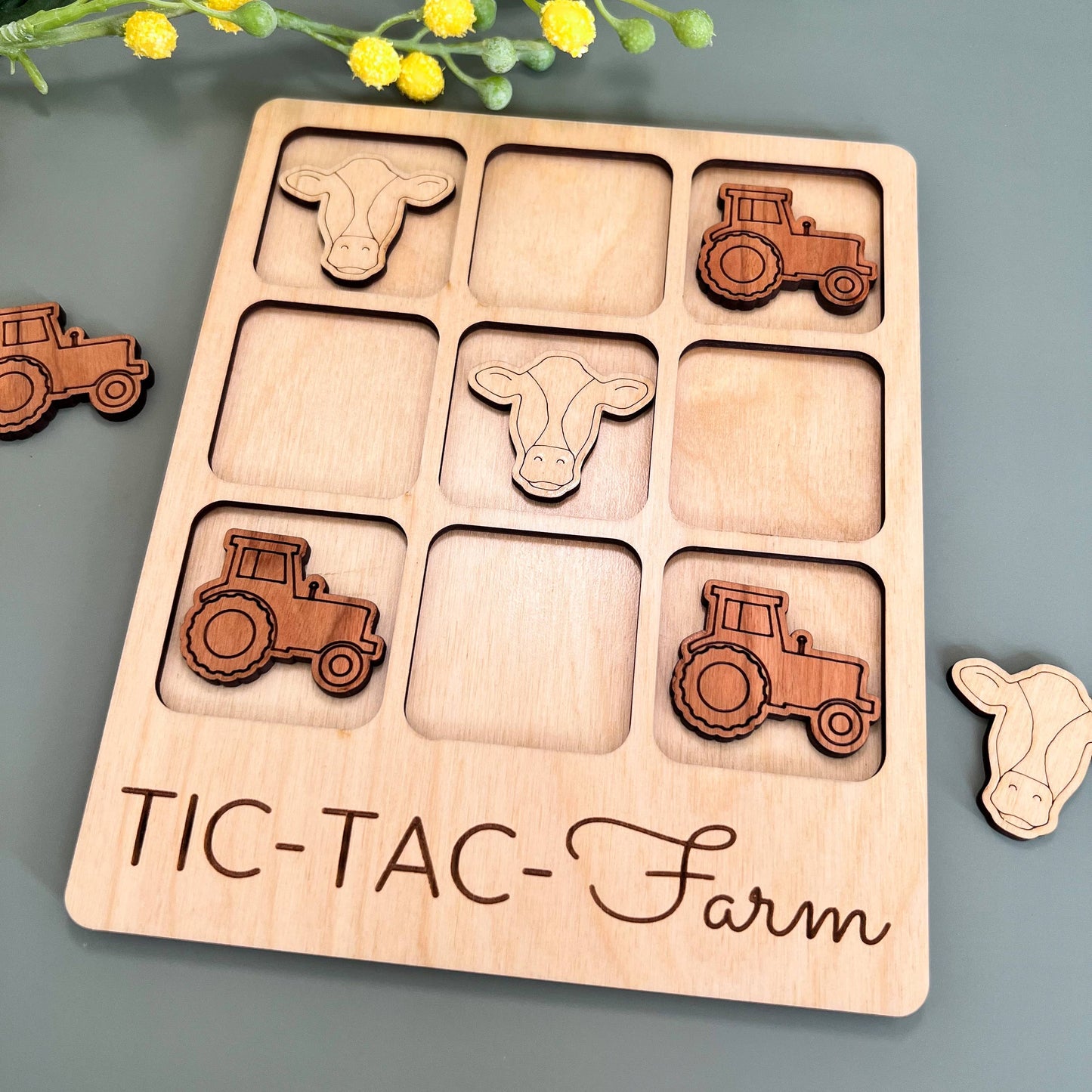 Farmer Gift - Tic-Tac-Toe Farm Game - Customizable: Cow + Tractor