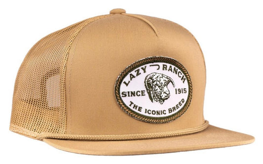 LAZY J RANCH TAN OLIVE ICONIC BREED PATCH CLASSIC ROPE TRUCKER HAT