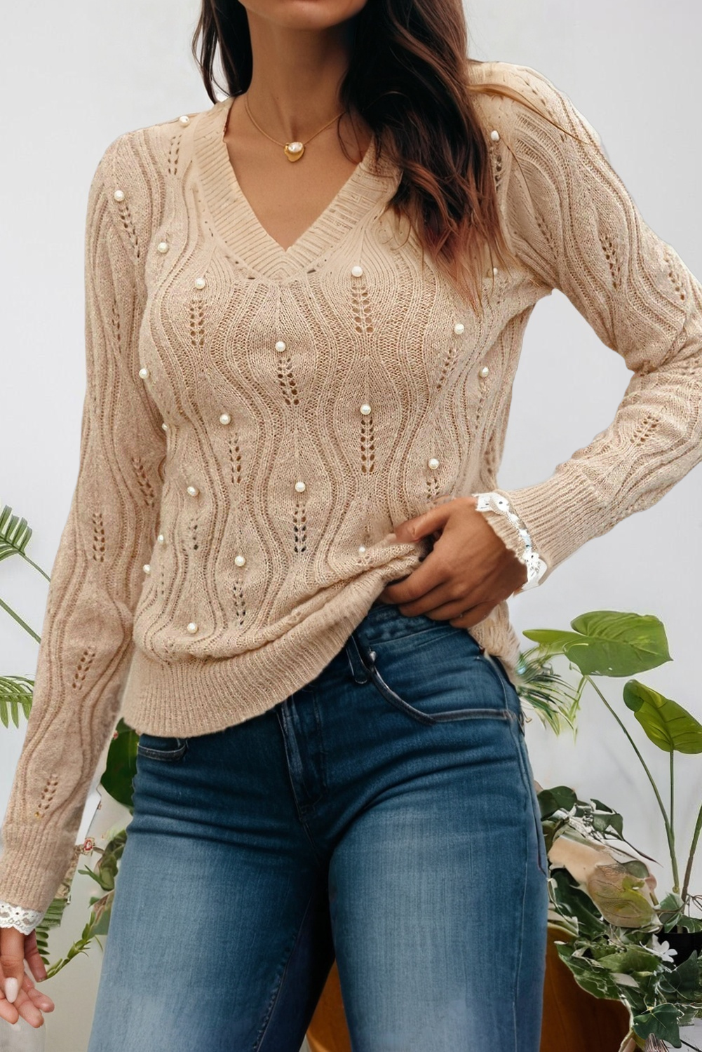 Pearl Beaded Pointelle V Neck Lace Sleeve Sweater (S-XL): Beige 66