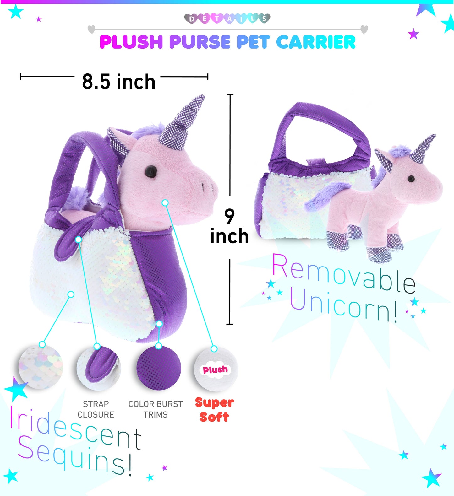 Purple Unicorn Plush Purse Pet Sequin CGlobal Fl/ Tx