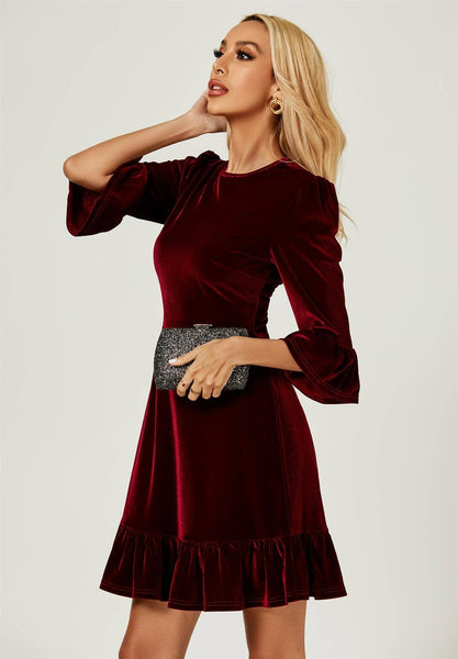 Velvet Frill Detail Mini Dress In Wine: Wine  FS Collection