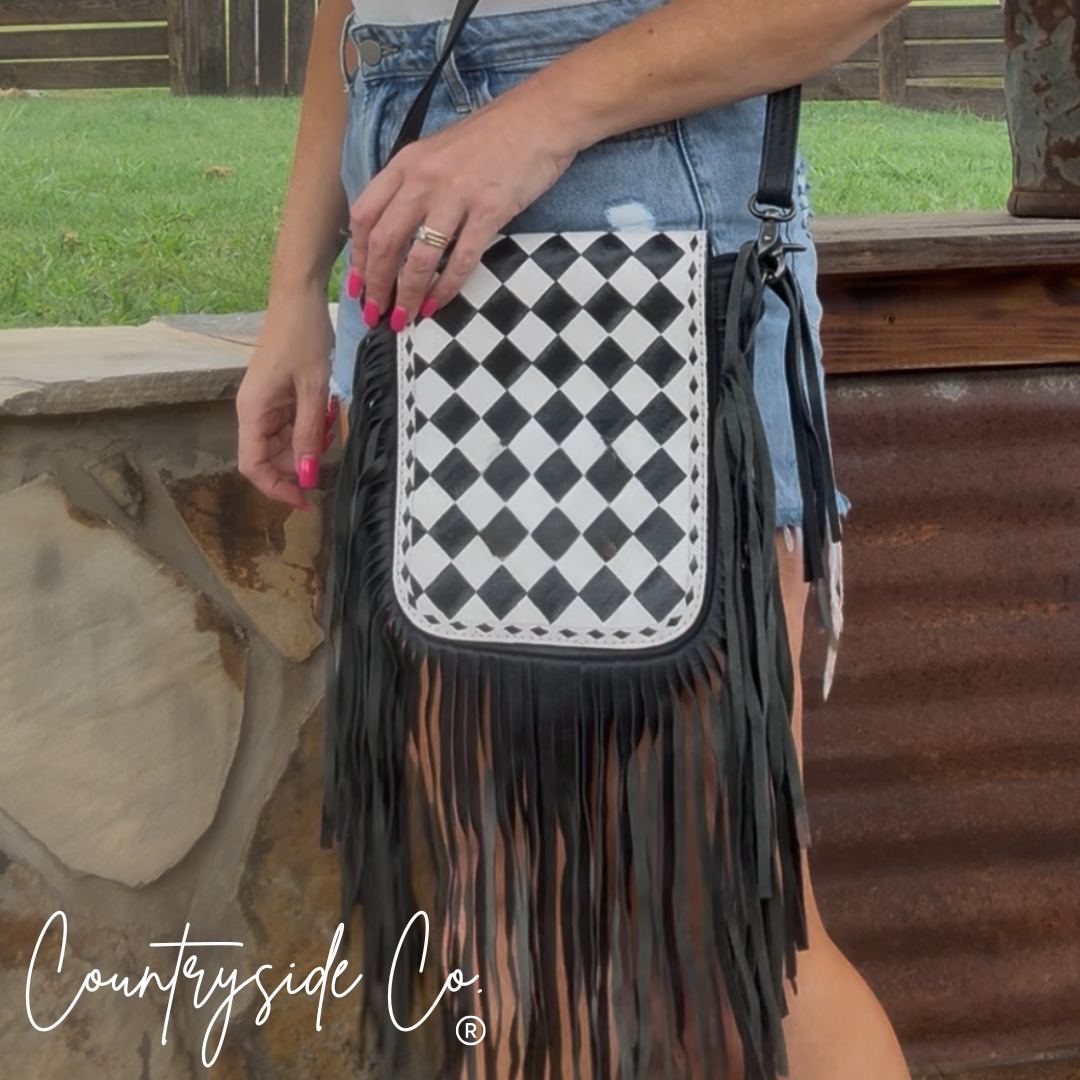 Cowgirl Crush Checkered Tooled Leather Purse Texas Western Cowhide