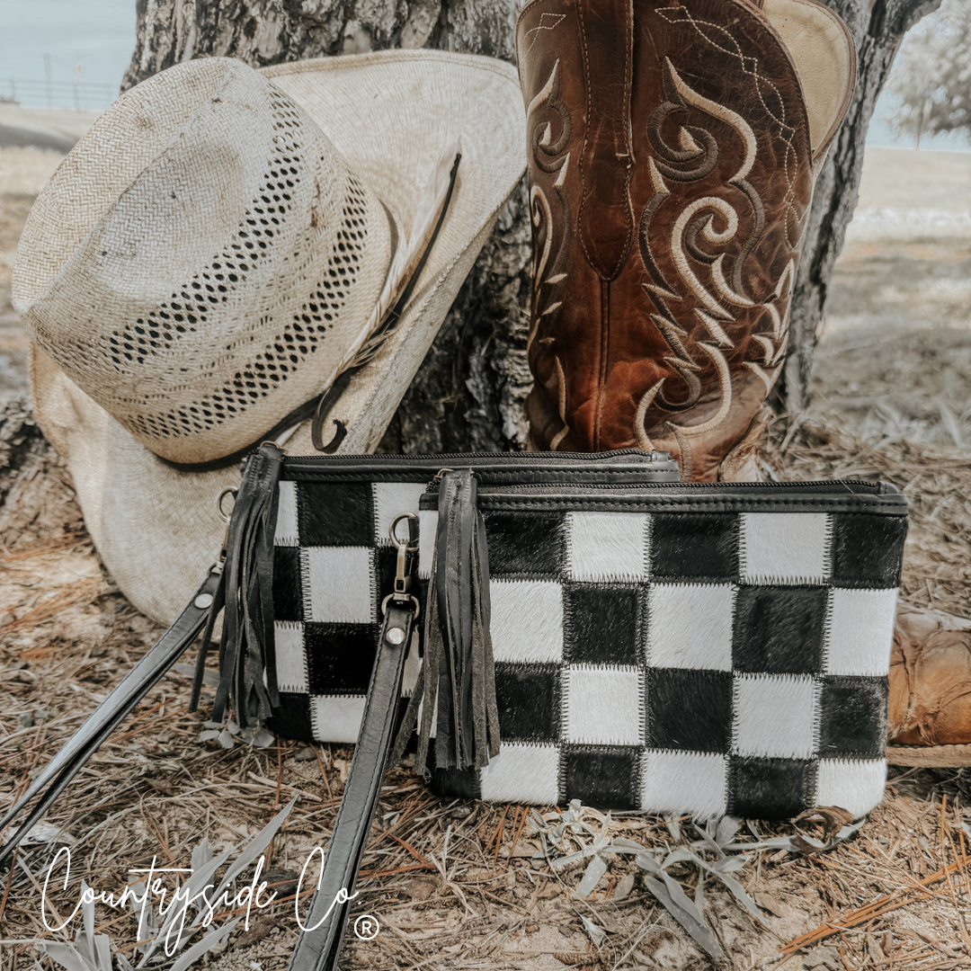 Stockyard Checkered Leather Cowhide Wristlet Pouch Texas Western Cowhide