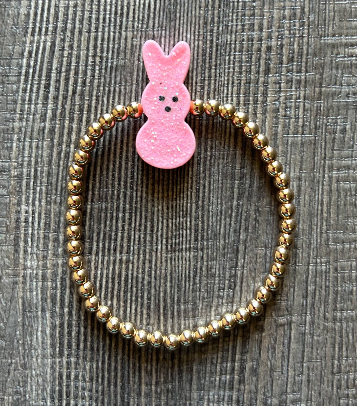 Easter Gold Bead Bracelet with Bunny Accent Bead: JInk Fl/ Tx