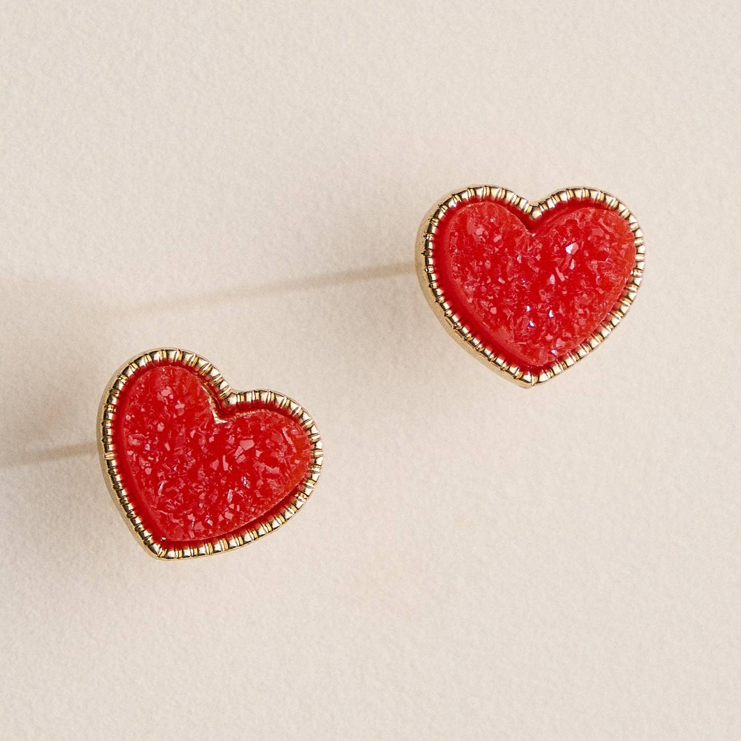 Elegant Gold-Trimmed Druzy Heart Stud Earrings: White/ Red / or Iridescent Shimmer Frem
