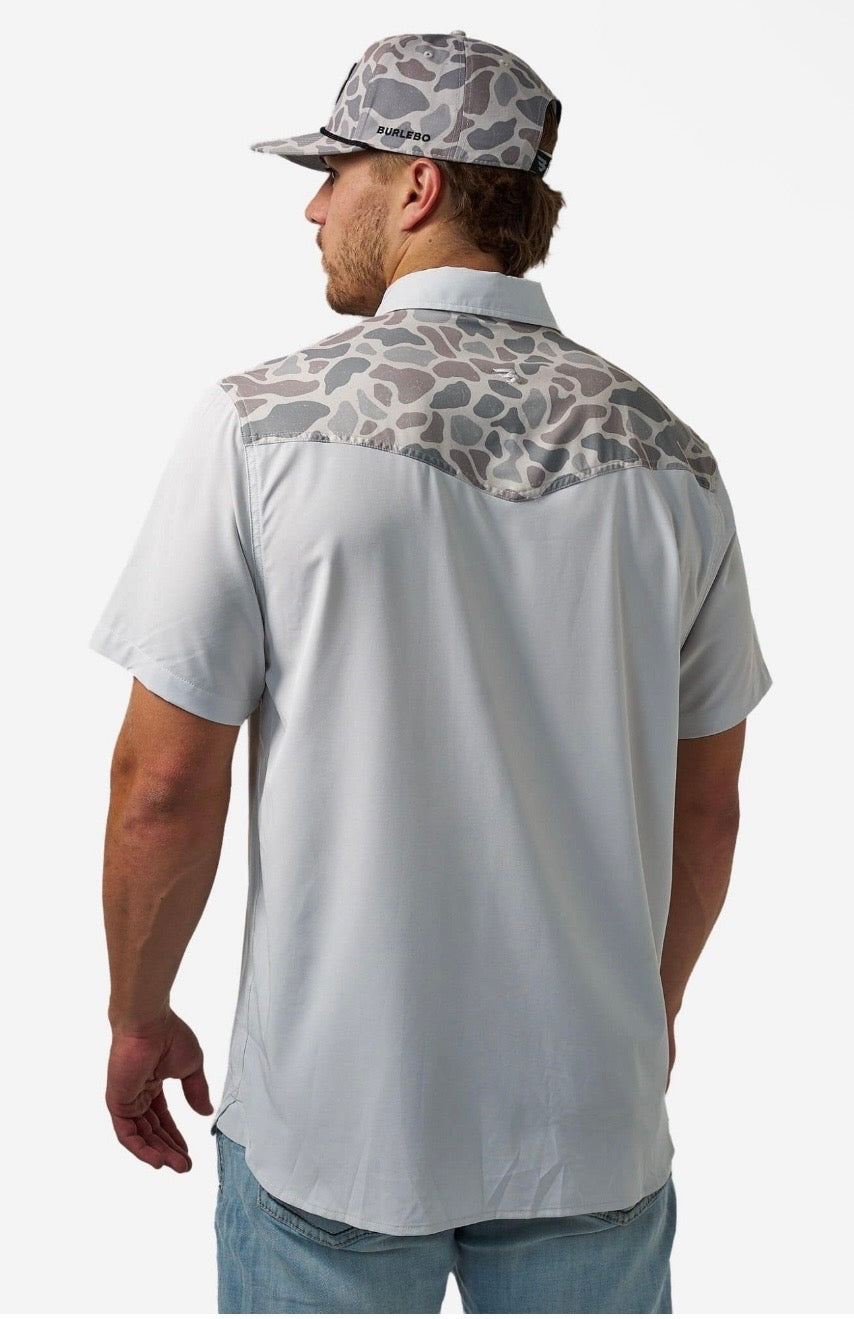 Bird SZN Burlebo Light Grey/ Classic Deer Camo Performance Western Shirt with Pear Snaps Tx/Fl PWS-BRDSZN