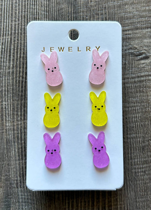 Easter Bunny Peeps Style Earrings Set of 3 Pairs: JInk Tx/Fl