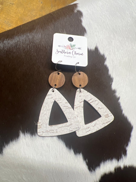 3" Wood & White Linen Triangles (cork) -Earrings Doohickie