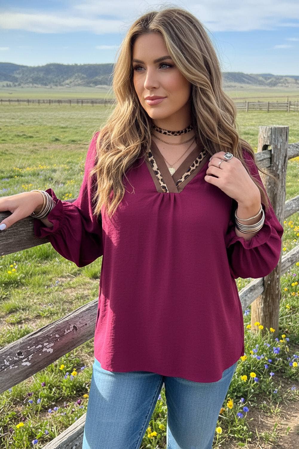 Leopard Trim Notch Neck Flounced Bracelet Sleeve Blouse: Blue Fashionw