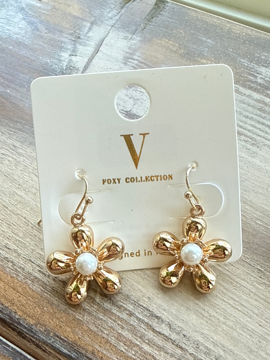 Flower with Pearl Center Gold or Silver Tone v Foxy Earrings