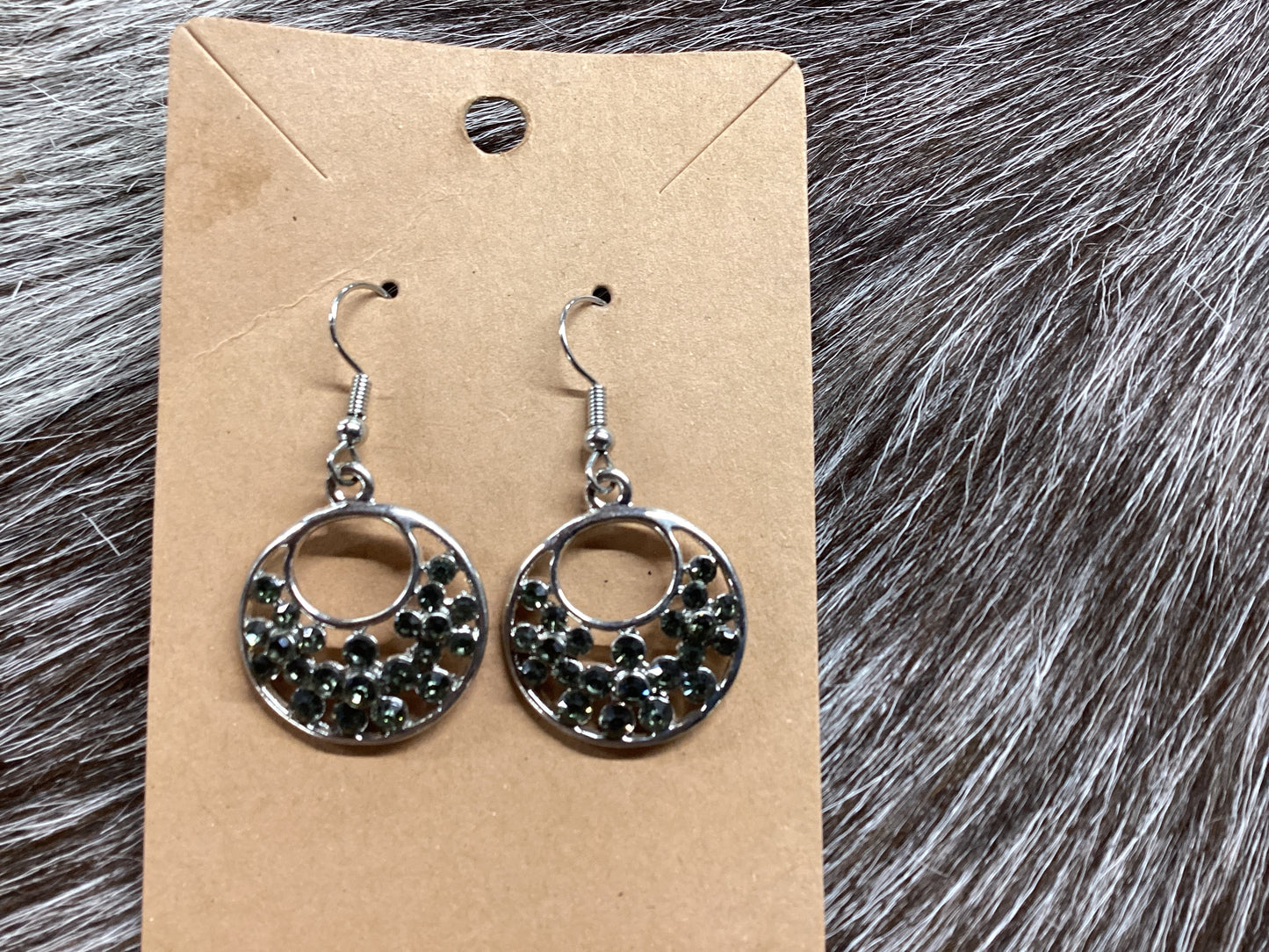 Round silver earrings/charcoal rhinestones