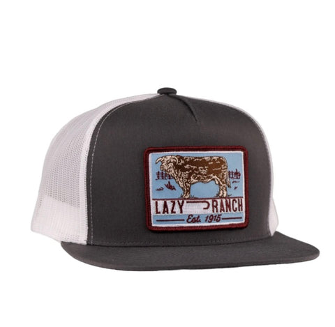 LAZY J RANCH GREY WHITE/ Black White BULL TRAP PATCH CLASSIC FIVE PANEL TRUCKER HAT