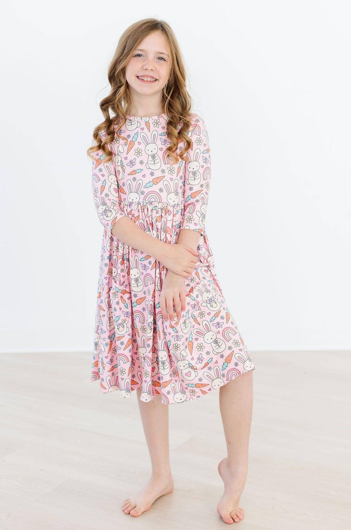 Springtime Bunnies 3/4 Sleeve Pocket Twirl Dress: Mila Tx/Fl