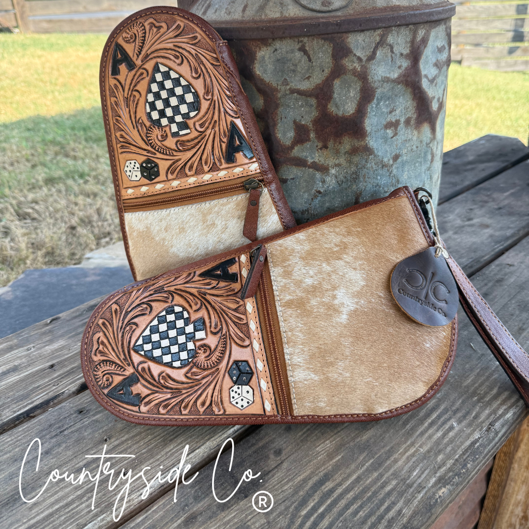 Hand Painted Tooled Leather and Cowhide Carry Case countryside