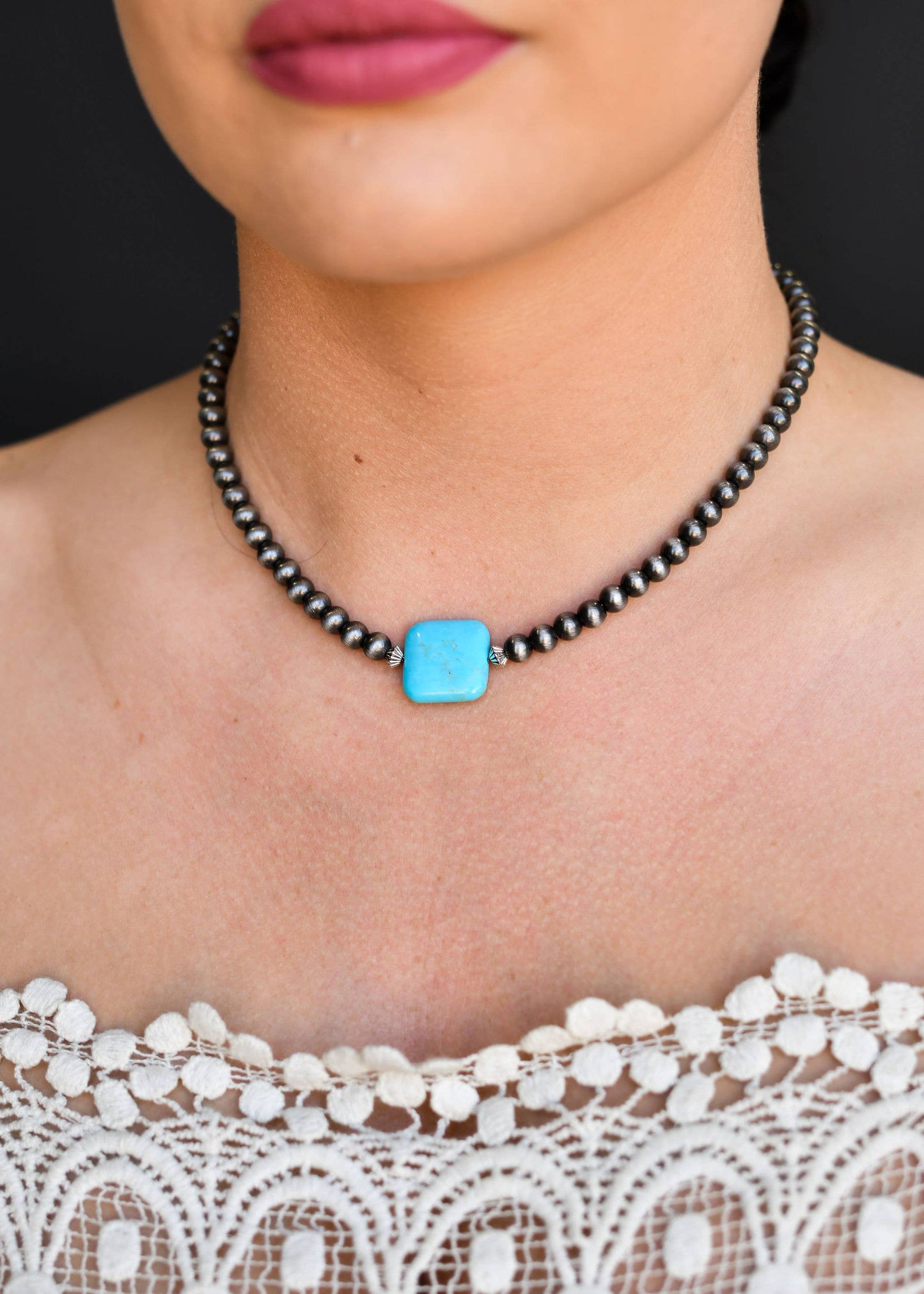 14" Faux Navajo Pearl Choker With Square Turquoise Accent