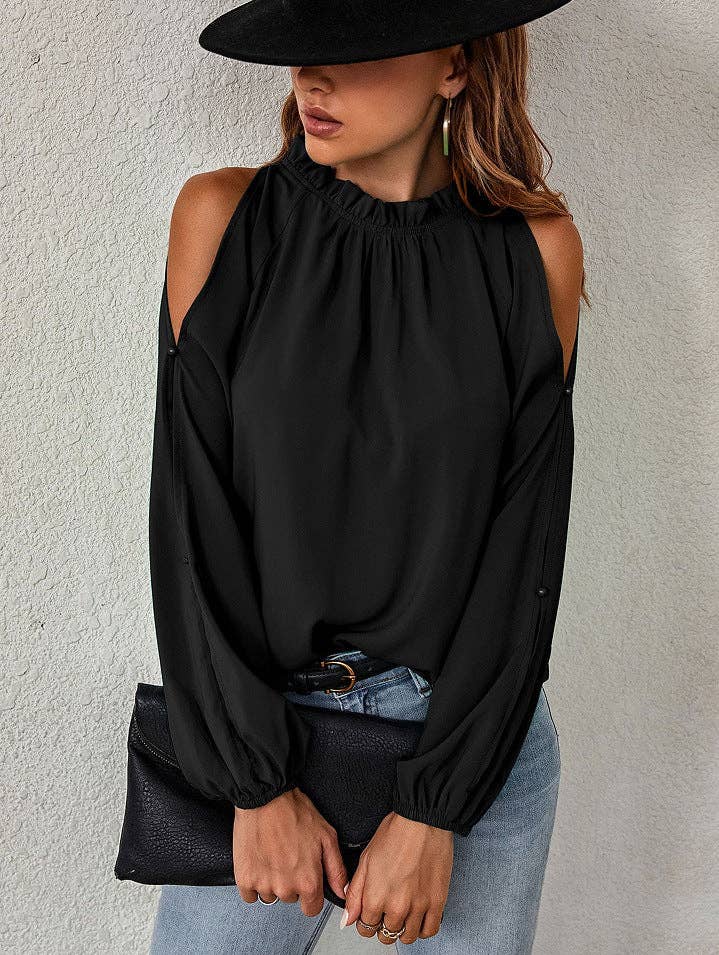 Ruffle Mock Neck Cold Shoulder Chiffon Blouse: Black / 95%Polyester5%Spande / L