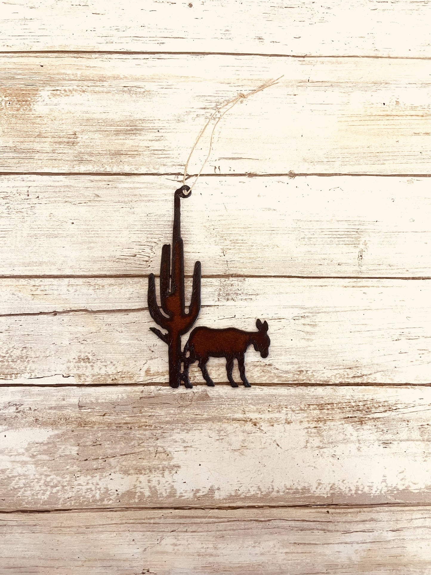 Donkey and Cactus Desert Ornament Rustic Metal Burro Gift Ironwork