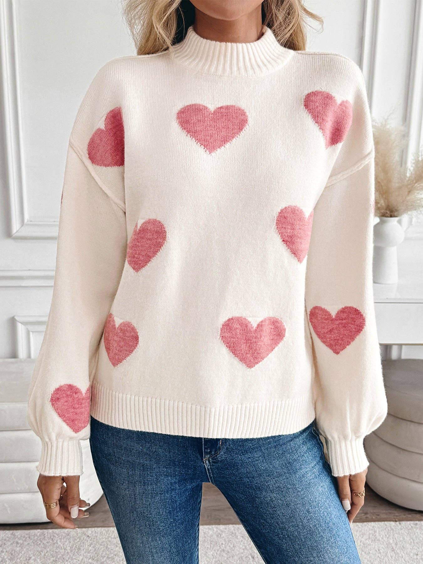 Valentine's Day Sweater | Pink Heart Knit Pullover: Light Pink. / 52% Acrylic 28%polyamide 20%POLYESTER Lovesoft