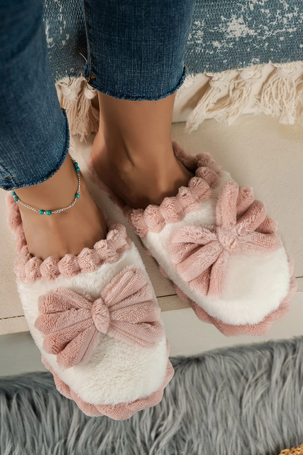 Bow Color Block Ribbed Plush Slippers Fushia 66