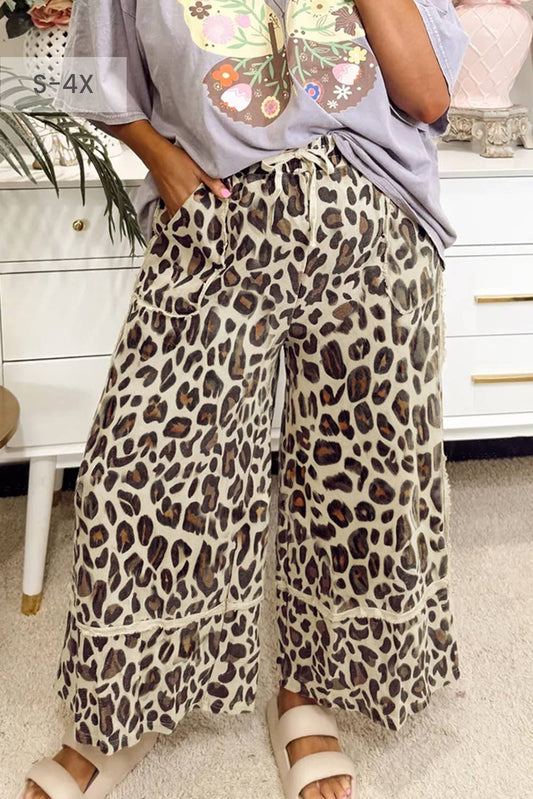 Khaki Leopard Wide Leg Cropped Pants 66
