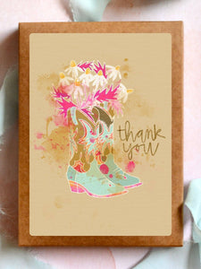 Western Floral Daisy Pink Cowgirl Boot Thank You Card Set Tirzah