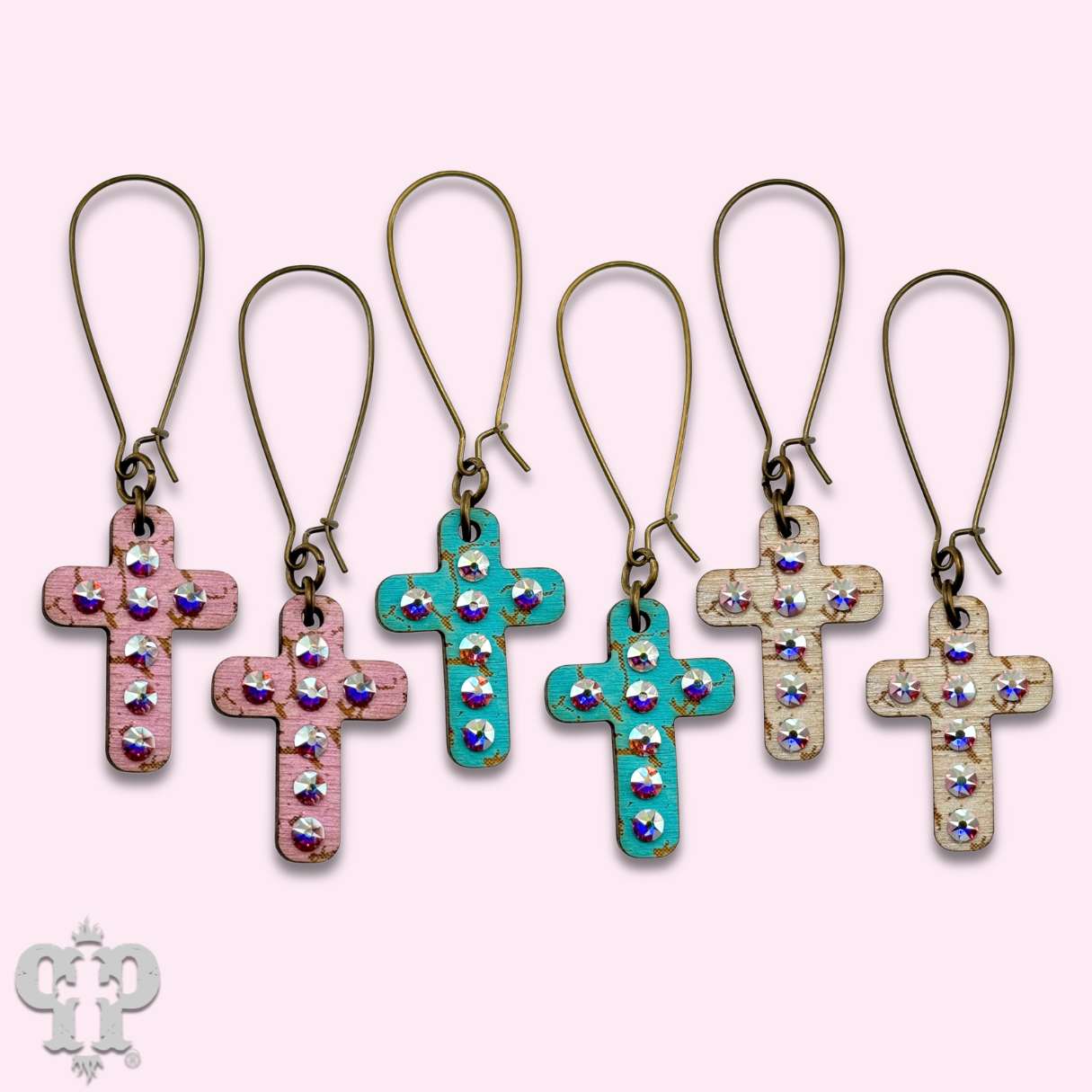 Mini wood cross earring with Austrian crystals: White